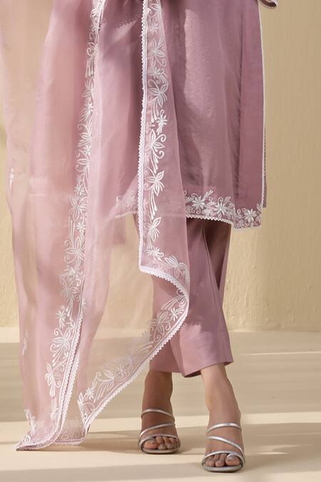 Meesa Purple Organza, Cotton Satin Embroidery Round Neck Bahar Thread Kurta Pant Set Online at Aza Fashions Meesa_Purple Organza, Cotton Satin Embroidery Round Neck Bahar Thread Kurta Pant Set _Online_at_Aza_Fashions