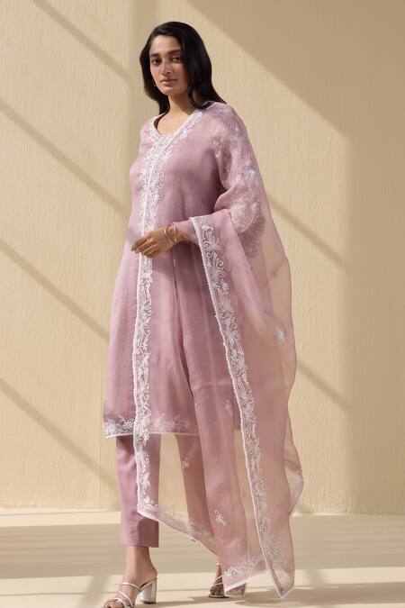 Buy Meesa Purple Organza, Cotton Satin Embroidery Round Neck Bahar Thread Kurta Pant Set Online at Aza Fashions Buy_Meesa_Purple Organza, Cotton Satin Embroidery Round Neck Bahar Thread Kurta Pant Set _Online_at_Aza_Fashions