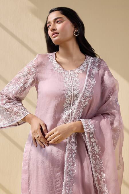 Shop Meesa Purple Organza, Cotton Satin Embroidery Round Neck Bahar Thread Kurta Pant Set Online at Aza Fashions Shop_Meesa_Purple Organza, Cotton Satin Embroidery Round Neck Bahar Thread Kurta Pant Set _Online_at_Aza_Fashions