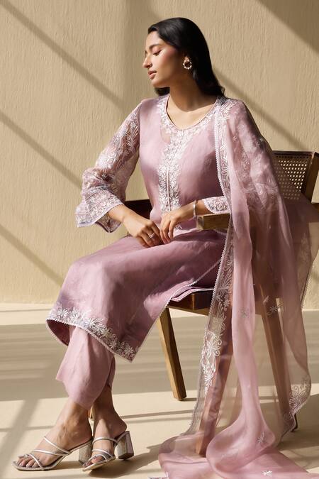 Meesa Purple Organza, Cotton Satin Embroidery Round Neck Bahar Thread Kurta Pant Set at Aza Fashions Meesa_Purple Organza, Cotton Satin Embroidery Round Neck Bahar Thread Kurta Pant Set _at_Aza_Fashions