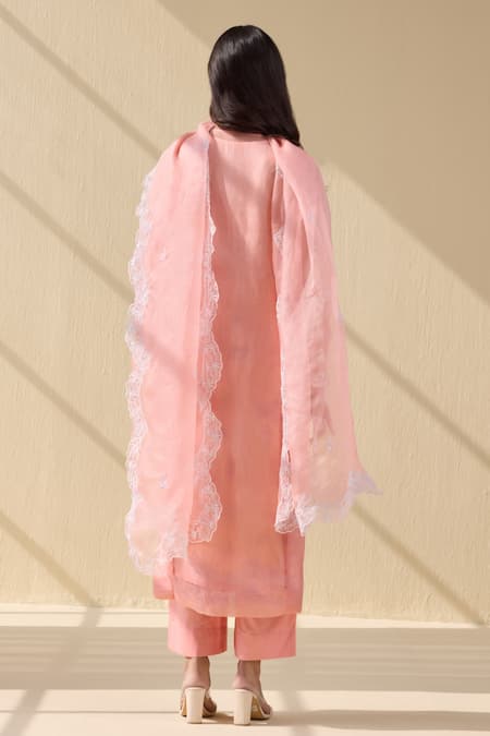 Shop_Meesa_Pink Organza, Cotton Satin Embroidery Round Neck Gul Thread Kurta Pant Set _at_Aza_Fashions