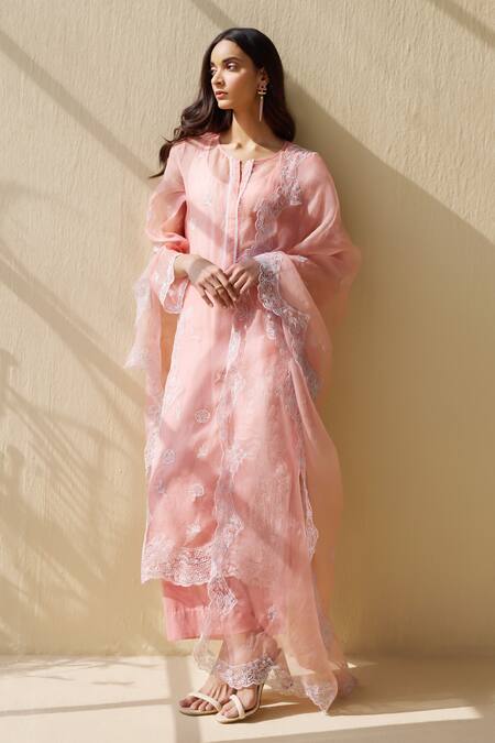 Meesa_Pink Organza, Cotton Satin Embroidery Round Neck Gul Thread Kurta Pant Set _at_Aza_Fashions