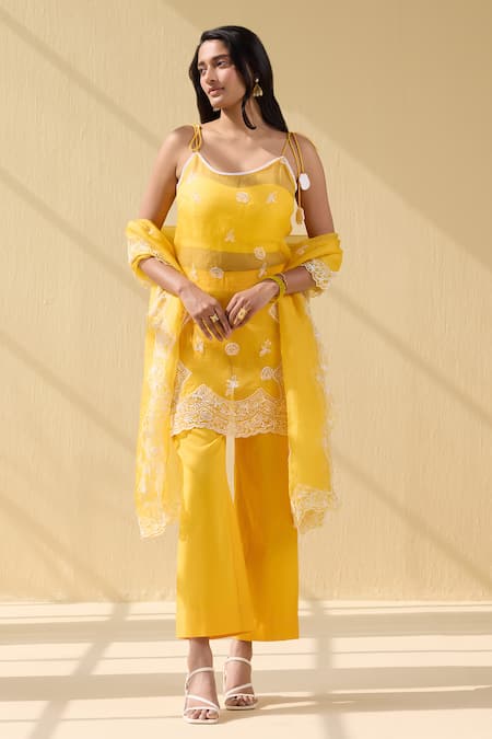 Meesa Yellow Organza Embroidery Thread Round Neck Wildbloom Kurta Pant Set  