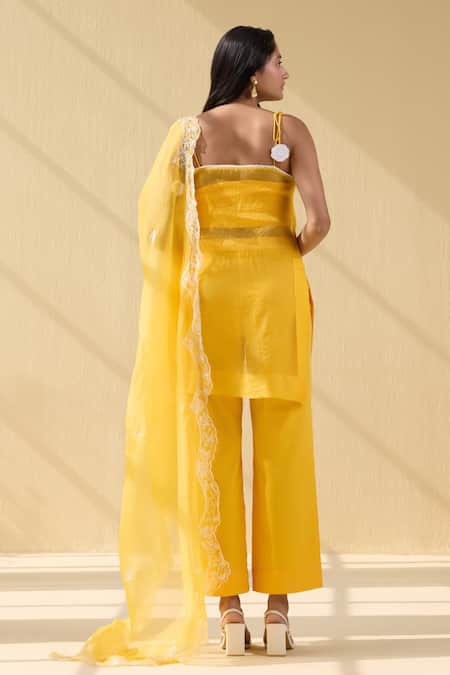 Shop_Meesa_Yellow Organza, Cotton Satin Embroidery Round Wildbloom Thread Kurta Pant Set _at_Aza_Fashions