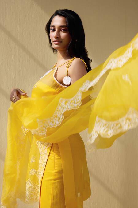 Meesa_Yellow Organza, Cotton Satin Embroidery Round Wildbloom Thread Kurta Pant Set _Online_at_Aza_Fashions