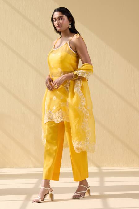 Shop_Meesa_Yellow Organza, Cotton Satin Embroidery Round Wildbloom Thread Kurta Pant Set _Online_at_Aza_Fashions