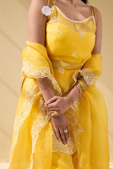 Meesa_Yellow Organza, Cotton Satin Embroidery Round Wildbloom Thread Kurta Pant Set _at_Aza_Fashions