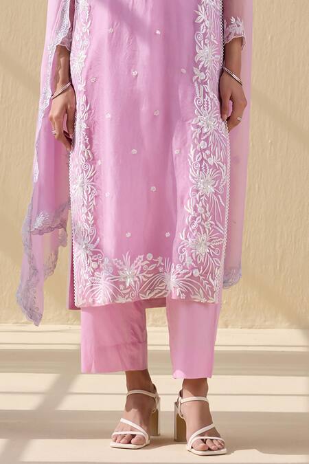 Meesa_Pink Organza, Cotton Satin Embroidery Round Neck Gardenia Thread Kurta Pant Set _Online_at_Aza_Fashions