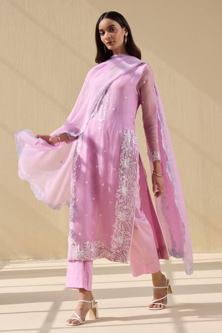 Buy_Meesa_Pink Organza, Cotton Satin Embroidery Round Neck Gardenia Thread Kurta Pant Set _Online_at_Aza_Fashions