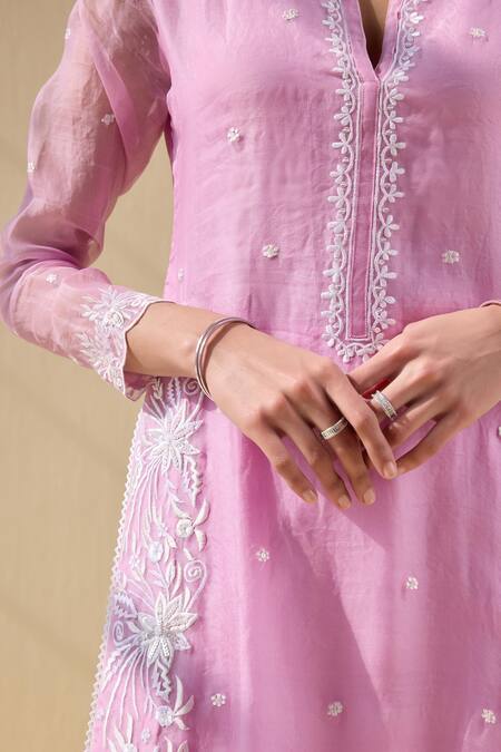 Shop_Meesa_Pink Organza, Cotton Satin Embroidery Round Neck Gardenia Thread Kurta Pant Set _Online_at_Aza_Fashions