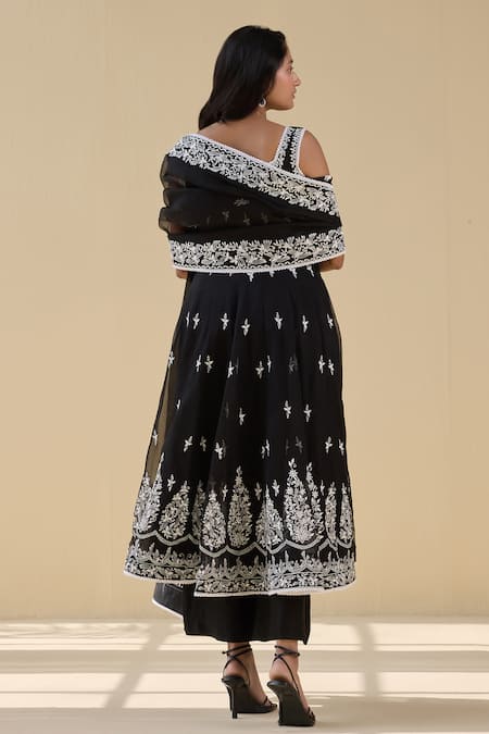Shop Meesa Black Organza, Cotton Satin Embroidery Midnight Bloom Thread Anarkali Set at Aza Fashions Shop_Meesa_Black Organza, Cotton Satin Embroidery Midnight Bloom Thread Anarkali Set _at_Aza_Fashions