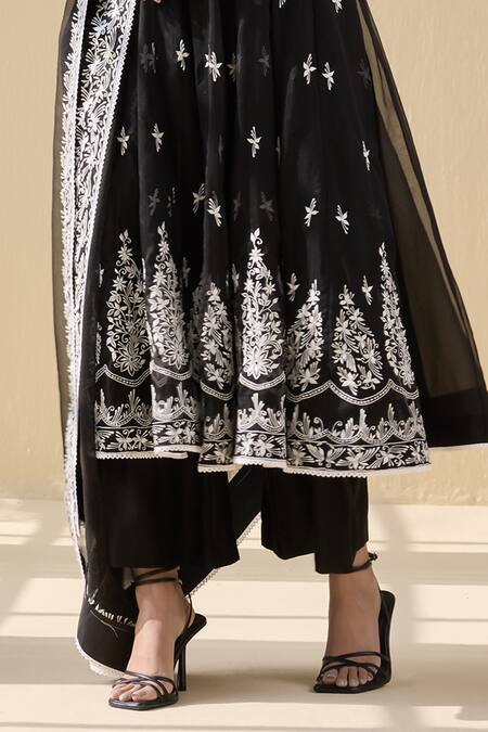 Meesa Black Organza, Cotton Satin Embroidery Midnight Bloom Thread Anarkali Set Online at Aza Fashions Meesa_Black Organza, Cotton Satin Embroidery Midnight Bloom Thread Anarkali Set _Online_at_Aza_Fashions