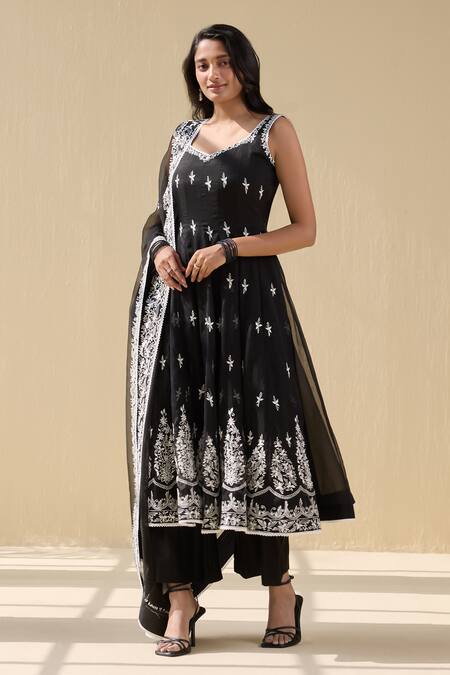 Buy Meesa Black Organza, Cotton Satin Embroidery Midnight Bloom Thread Anarkali Set Online at Aza Fashions Buy_Meesa_Black Organza, Cotton Satin Embroidery Midnight Bloom Thread Anarkali Set _Online_at_Aza_Fashions