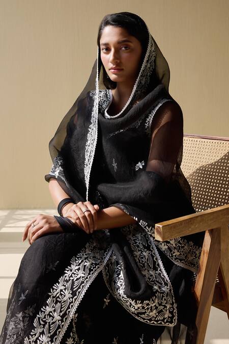 Meesa Black Organza, Cotton Satin Embroidery Midnight Bloom Thread Anarkali Set at Aza Fashions Meesa_Black Organza, Cotton Satin Embroidery Midnight Bloom Thread Anarkali Set _at_Aza_Fashions