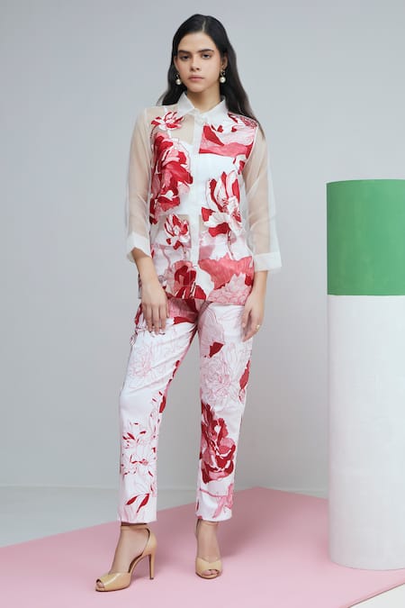 Studio Radical White Shirt Organza Print Rafflesia Collar Neck Bloom Applique Pant Set 