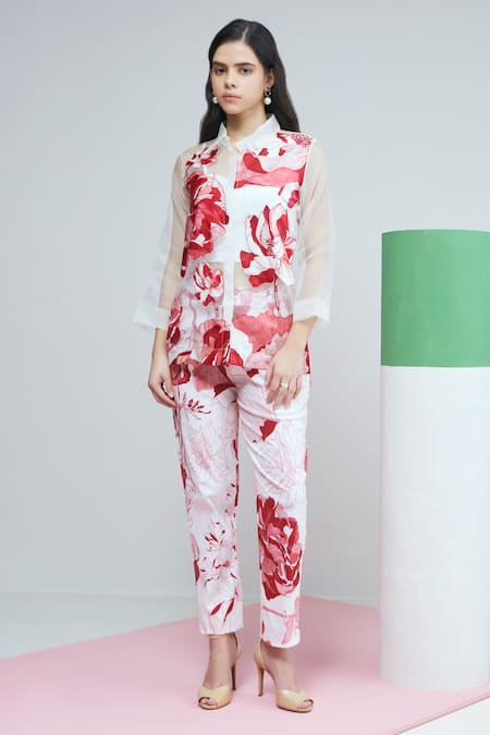 Studio Radical White Organza, Cotton Applique Collared Rafflesia Bloom Shirt Pant Set Online at Aza Fashions Studio Radical_White Organza, Cotton Applique Collared Rafflesia Bloom Shirt Pant Set _Online_at_Aza_Fashions