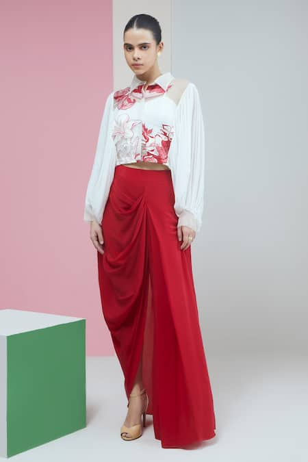 Studio Radical White Crop Shirt Organza Applique Lily Rafflesia Blossom Draped Skirt Set 