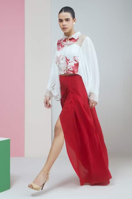 Studio Radical Rafflesia Blossom Applique Crop Shirt Draped Skirt Set 