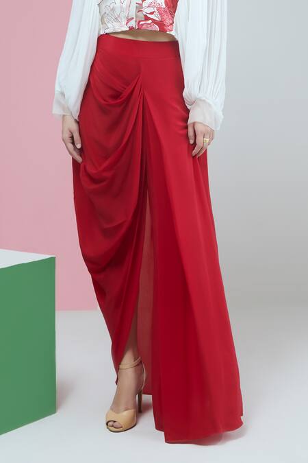 Buy Studio Radical White Organza, Georgette, Cotton, Rafflesia Blossom Crop Shirt Draped Skirt Set Online at Aza Fashions Buy_Studio Radical_White Organza, Georgette, Cotton, Rafflesia Blossom Crop Shirt Draped Skirt Set _Online_at_Aza_Fashions