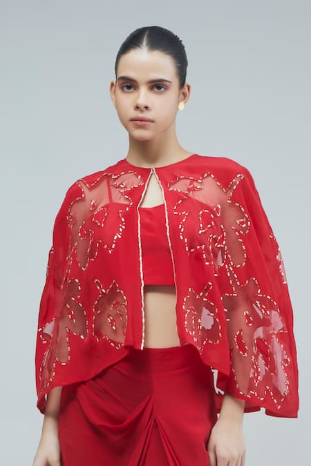 Studio Radical Red Silk, Crepe Embroidery Round Neck Mosaic Bloom Cape And Draped Skirt Set Online at Aza Fashions Studio Radical_Red Silk, Crepe Embroidery Round Neck Mosaic Bloom Cape And Draped Skirt Set _Online_at_Aza_Fashions