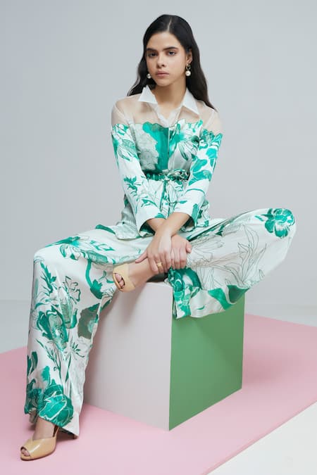 Studio Radical White Silk Satin Collared Blossom Print Shirt With Pant Online at Aza Fashions Studio Radical_White Silk Satin Collared Blossom Print Shirt With Pant _Online_at_Aza_Fashions