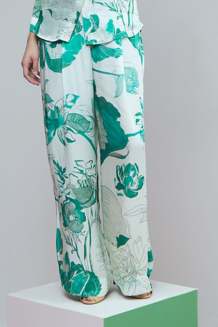 Buy Studio Radical White Silk Satin Collared Blossom Print Shirt With Pant Online at Aza Fashions Buy_Studio Radical_White Silk Satin Collared Blossom Print Shirt With Pant _Online_at_Aza_Fashions