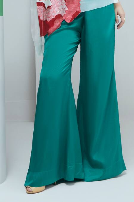 Buy_Studio Radical_Green Silk, Organza Applique Boat Neck Gardenia Top With Bootcut Pant _Online_at_Aza_Fashions