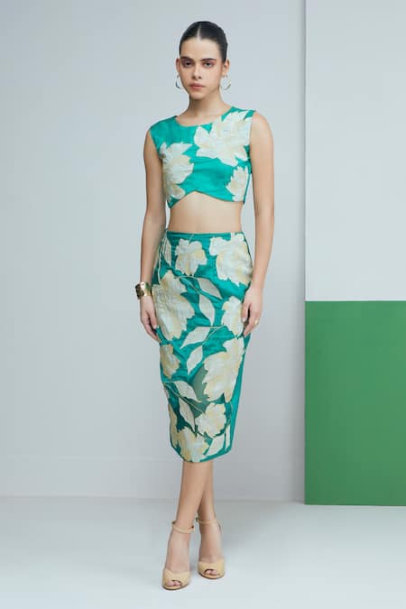 Studio Radical Green Silk Lining Shantoon Applique Gardenia Zari Crop Top With Pencil Skirt 