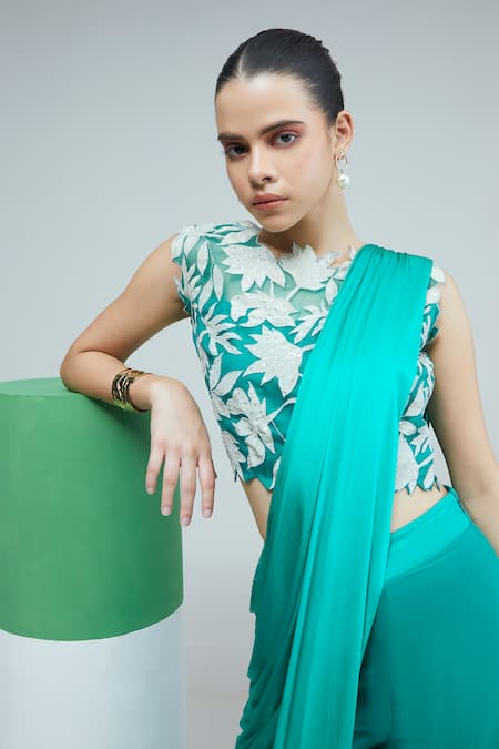 Studio Radical Embellished French Fleur Applique Pant Saree Set 