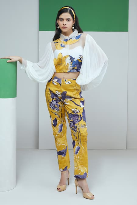 Studio Radical Iris Blossom Applique Crop Shirt Pant Set 