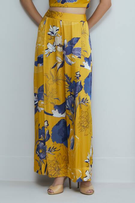 Buy_Studio Radical_Yellow Silk Satin, Organza Sequins, Applique Halter Botanic Bloom Cape Pant Set _Online_at_Aza_Fashions