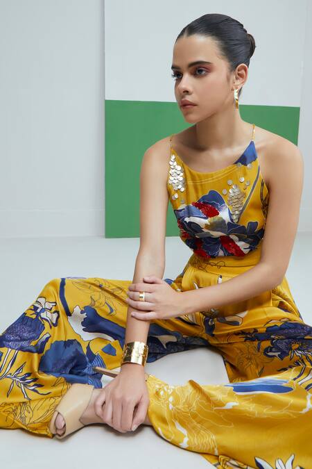 Shop_Studio Radical_Yellow Silk Satin, Organza Sequins, Applique Halter Botanic Bloom Cape Pant Set _Online_at_Aza_Fashions