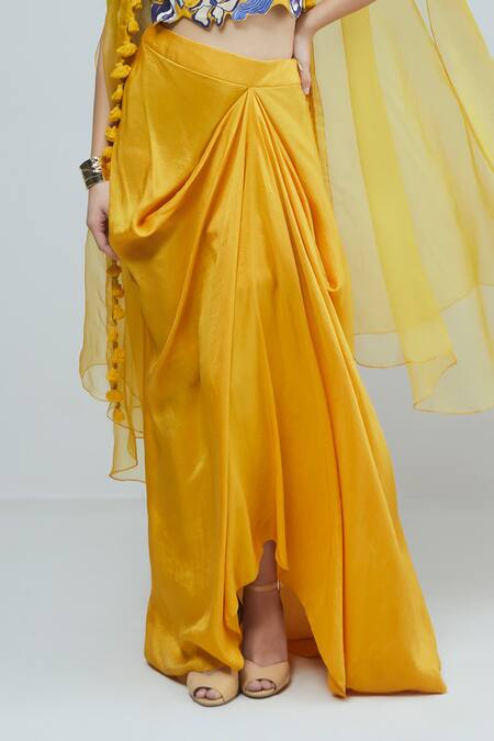 Studio Radical_Yellow Organza, Silk Applique Sweetheart Bluebell Bloom Cape Draped Skirt Set_Online_at_Aza_Fashions