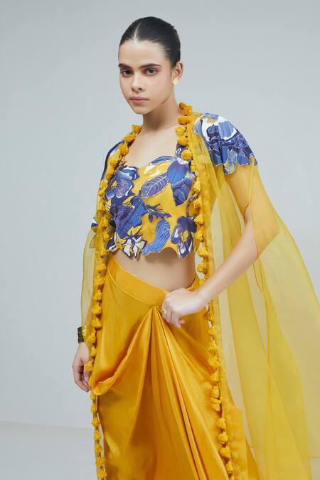 Buy_Studio Radical_Yellow Organza, Silk Applique Sweetheart Bluebell Bloom Cape Draped Skirt Set_Online_at_Aza_Fashions