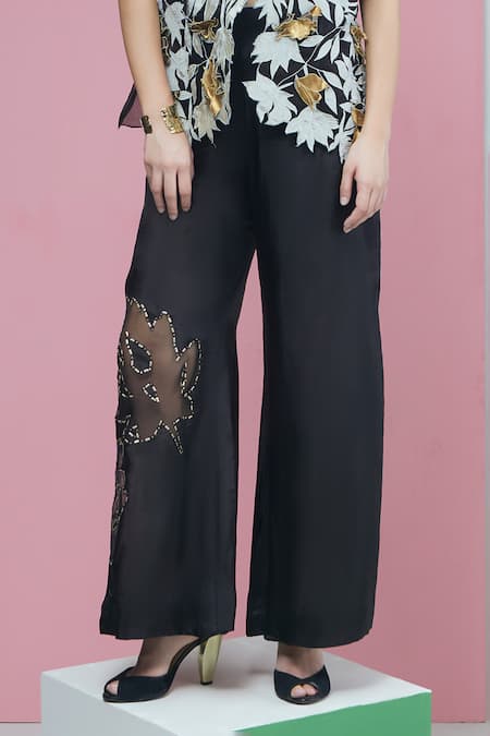 Buy_Studio Radical_Black Silk, Organza Applique, Embroidery Open Musk Bloom Jacket Flared Pant Set _Online_at_Aza_Fashions