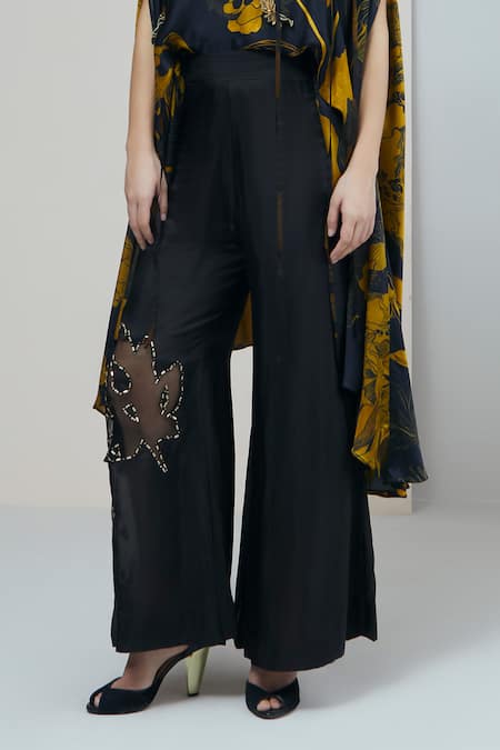 Buy_Studio Radical_Black Silk Applique Flowery Print Cape With Bootcut Pant _Online_at_Aza_Fashions