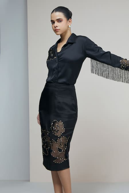 Studio Radical Blossom Applique Fringed Sleeves Shirt With Pencil Skirt 