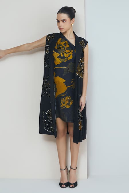 Studio Radical Black Dress Silk Satin Print Blossom Garden With Sheer Applique 