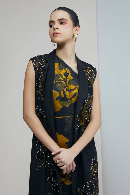 Studio Radical Black Silk , Applique Blossom Garden Print Dress With Sheer Jacket Online at Aza Fashions Studio Radical_Black Silk , Applique Blossom Garden Print Dress With Sheer Jacket _Online_at_Aza_Fashions