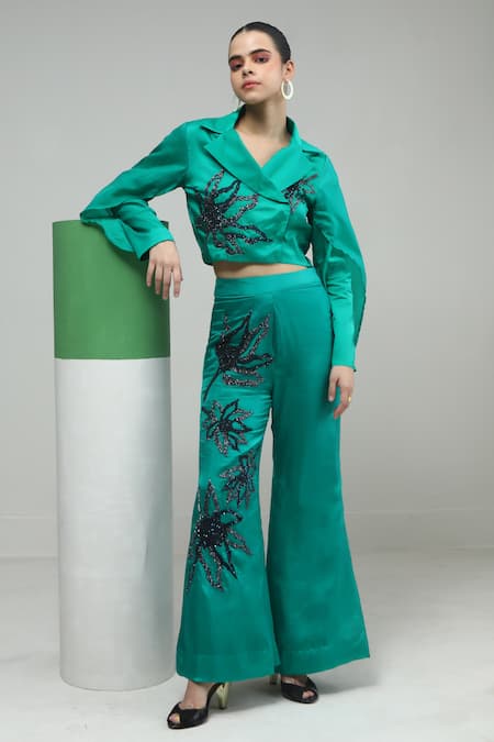 Studio Radical Green Crop Jacket Silk Embroidery Beads Spread Blossom With Bootcut Pant 