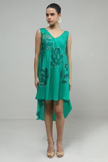Studio Radical Green Silk Applique Spring Bloom V Neck High Low Dress With Inner 