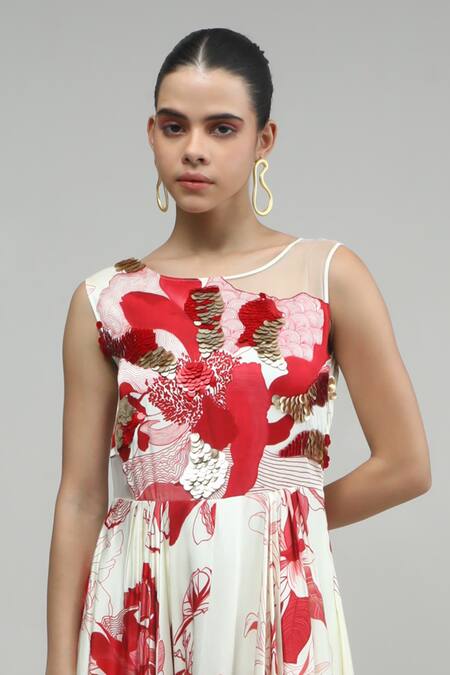 Studio Radical_Red Silk Satin Sequins Round Neck Florin Print Embellished Maxi Dress _Online_at_Aza_Fashions