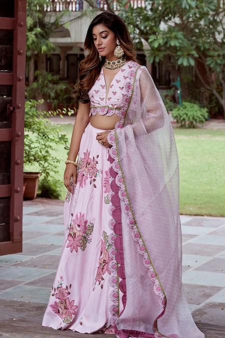 Charu Makkar Pink Muslin Raw Silk Printed Floral Plunged V Lehenga Set 