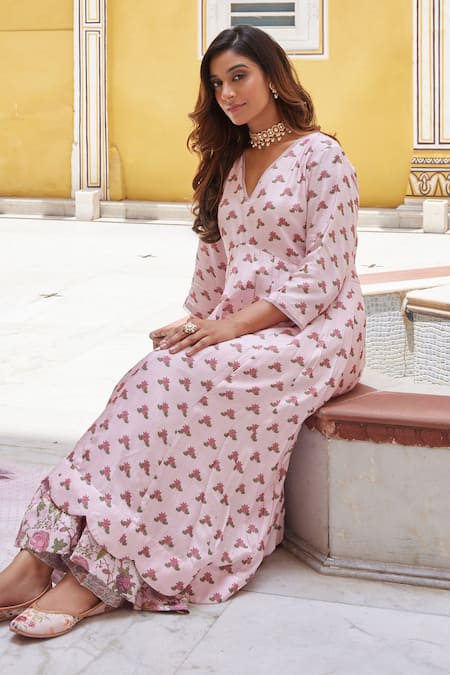 Charu Makkar Pink Muslin Raw Silk Printed Floral V Neck Anarkali And Palazzo Set 