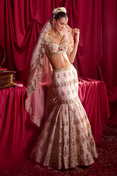Buy_Tyohar_Pink Silk, Organza, Crepe Sequins, Tharini Fish Cut Bridal Lehenga Set_Online_at_Aza_Fashions