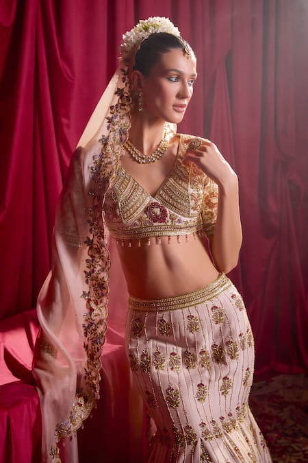 Tyohar_Pink Silk, Organza, Crepe Sequins, Tharini Fish Cut Bridal Lehenga Set_at_Aza_Fashions