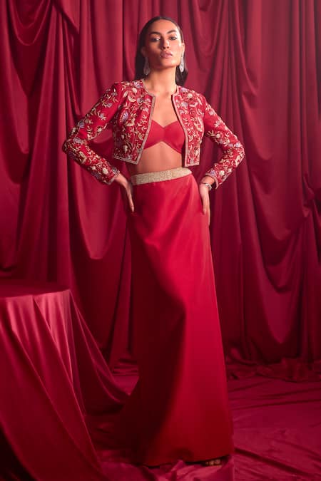 TYOHAR Red Silk Embroidery Floral Jacket Open Neck Skirt Set
