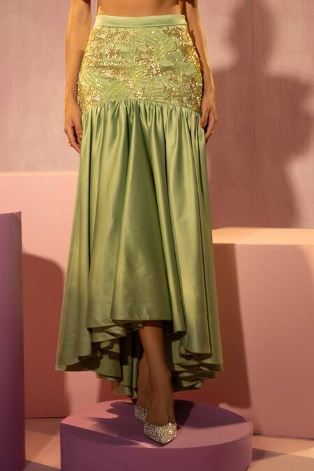 Tyohar Green Dutch Satin Embroidery Sequin Sweetheart Neck Malak Bustier And Skirt Set Online at Aza Fashions Tyohar_Green Dutch Satin Embroidery Sequin Sweetheart Neck Malak Bustier And Skirt Set_Online_at_Aza_Fashions