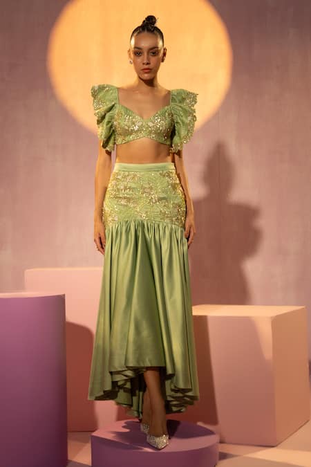 TYOHAR Green Dutch Satin Embroidery Sequin Sweetheart Neck Malak Bustier And Skirt Set 