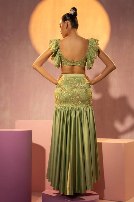 Shop Tyohar Green Dutch Satin Embroidery Sequin Sweetheart Neck Malak Bustier And Skirt Set at Aza Fashions Shop_Tyohar_Green Dutch Satin Embroidery Sequin Sweetheart Neck Malak Bustier And Skirt Set_at_Aza_Fashions
